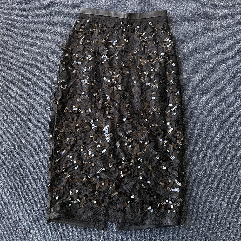 Express Skirt Womens 00 Black Sequin Lace Pencil Midi Lined Back Zip Glam Party